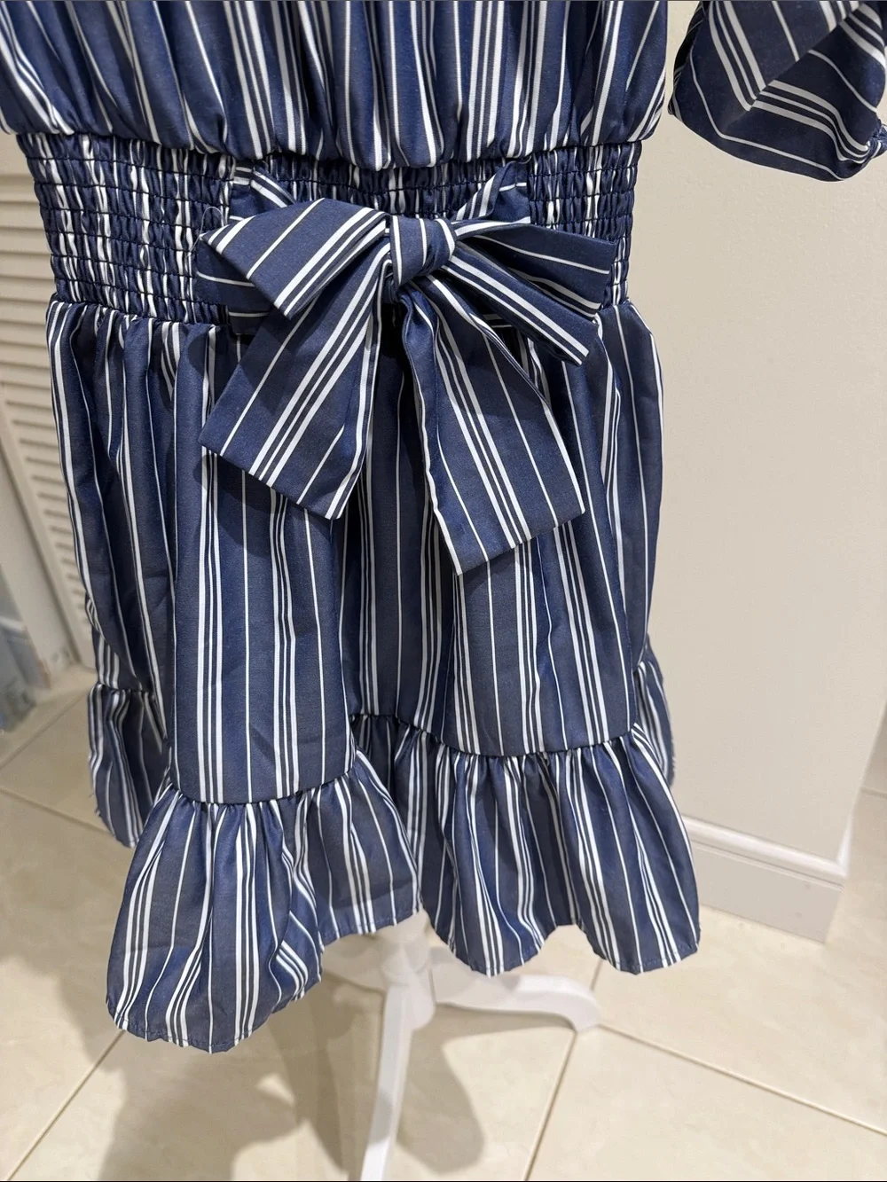 Habitual Navy and White Striped Ruffle Waist-Tie Dress